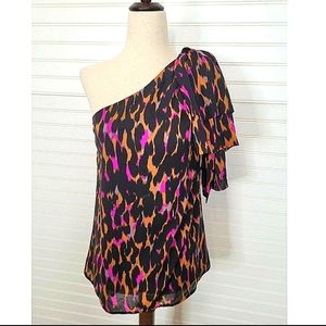 Trina Turk Leopard Print One-Shoulder Blouse Black, Magenta & Orange